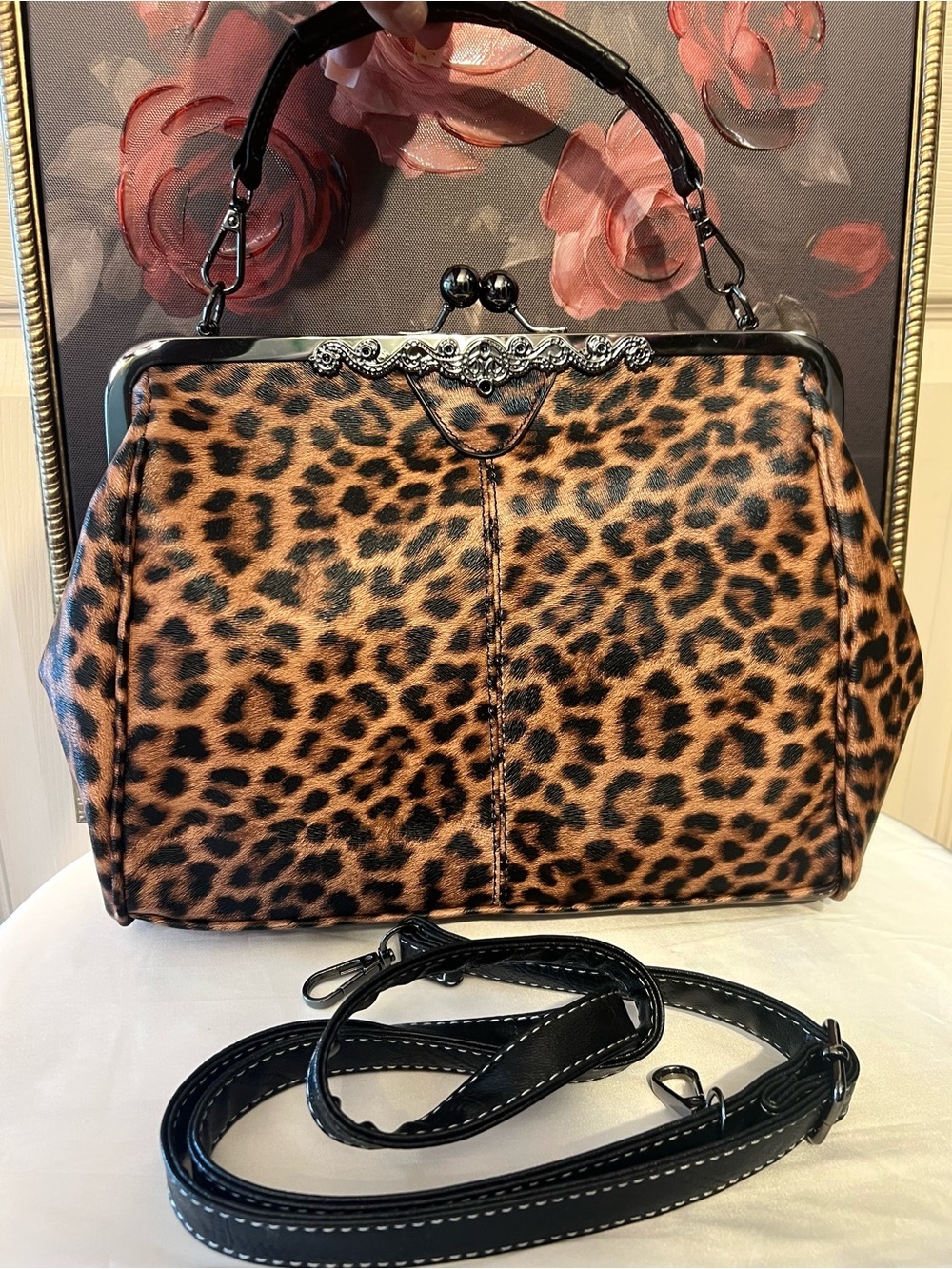 Vintage Leopard Kiss Lock Satchel Vegan Leather Handbag-NWOT